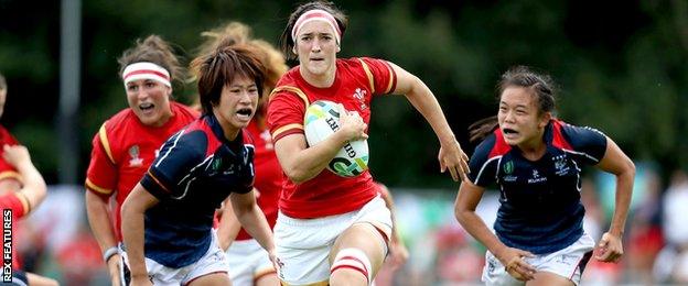 Wales vs Hong Kong. Wales Mel Clay with Christy Cheng and Chan Ka Yan Hong Kong