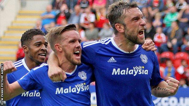 Ricky Lambert celebrates his first goal for Cardiff City