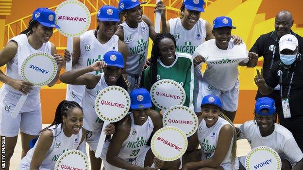 Nigeria players celebrate reaching the Fiba Women's Basketball World Cup