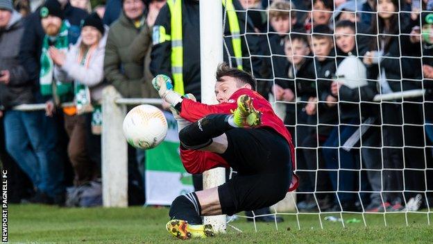 Newport Pagnell goalkeeper Martin Conway saved three Hamworthy penalties in the shootout - and scored one himself