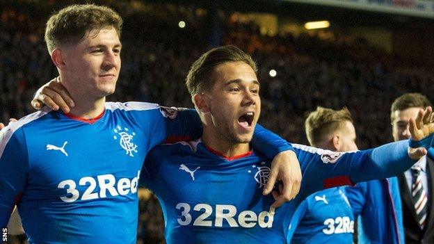 Rangers' Rob Kiernan and Harry Forrester celebrate