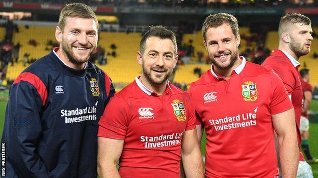 Finn Russell and Allan Dell (right) flank Scotland team-mate Greig Laidlaw on midweek Lions duty