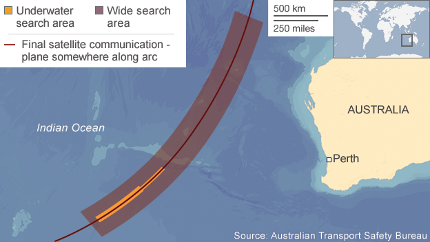 Map showing underwater search area