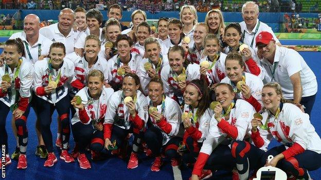 GB Women's hockey team after winning gold at the Rio 2016 Olympics