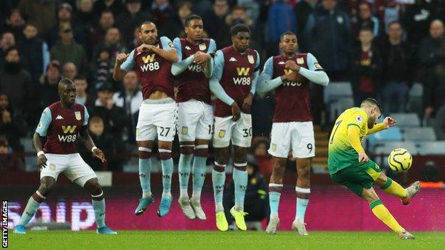 Emiliano Buendia takes a free-kick against Aston Villa