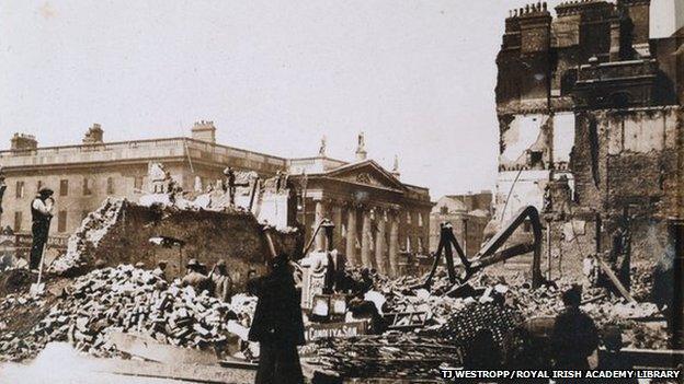 The General Post Office (GPO), which was used as the rebels' headquarters photographed from Abbey St on 17 May 1916