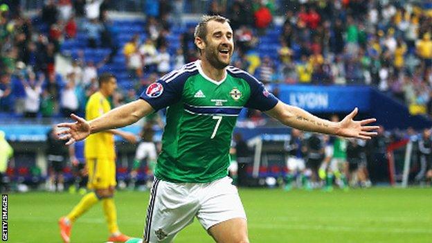 McGinn celebrates after scoring in Northern Ireland's historic 2-0 win over Ukraine at Euro 2016