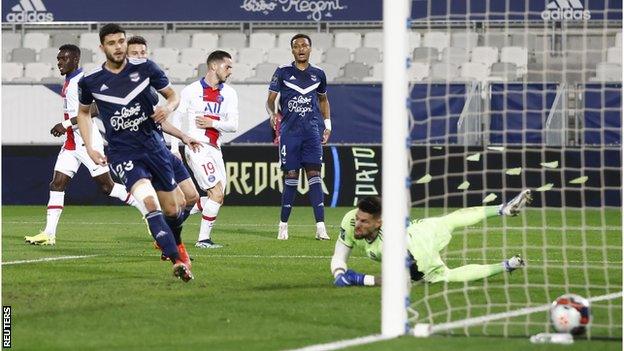 Paris St Germain's Pablo Sarabia scores their goal against Bordeaux