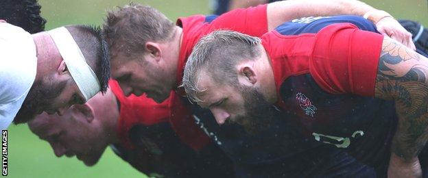 England's front row (from right) of Joe Marler, Tom Youngs and Dan Cole practise their scrummaging