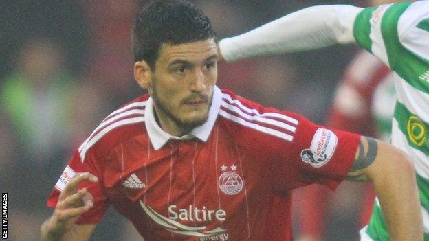 Anthony O'Connor dribbles the ball for Aberdeen against Celtic