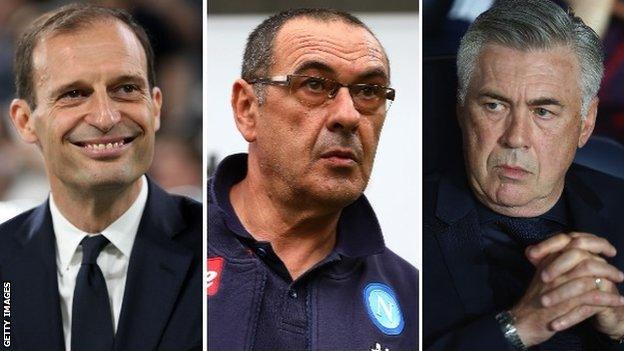 A split image of Juventus manager Massimiliano Allegri, Napoli boss Maurizio Sarri and former Bayern Munich manager Carlo Ancelotti