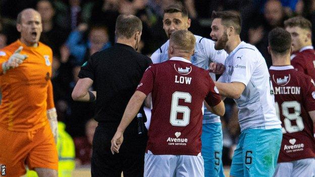 Inverness Caledonian Thistle centre-half Danny Devine is sent off by Willie Collum