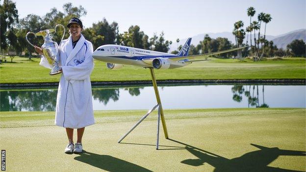 Pernilla Lindberg celebrates after winning the ANA Inspiration in California