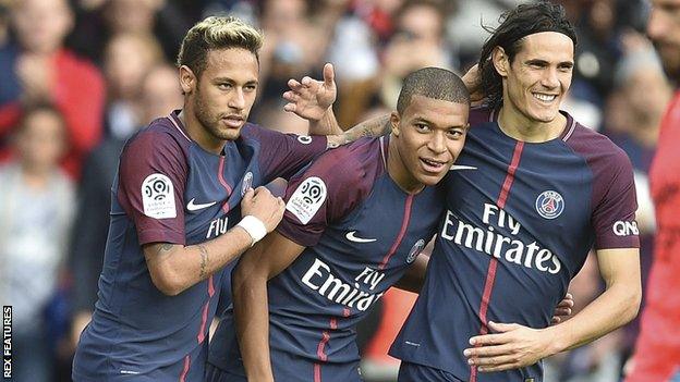 Paris St-Germain strikers Neymar, Kylian Mbappe and Edinson Cavani