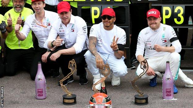 Toto Wolff, Lewis Hamilton and Valtteri Bottas