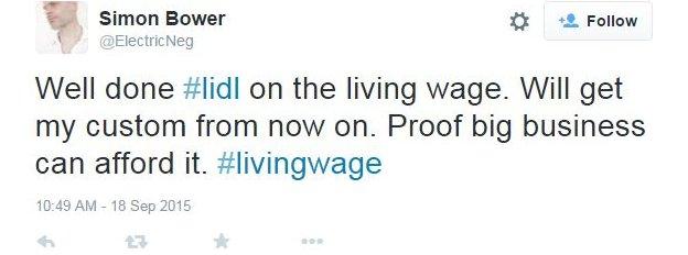 @ELectriNeg tweets Well done #lidl on the living wage. Will get my custom from now on. Proof big business can afford it. #livingwage