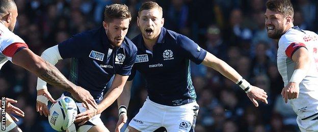 Henry Pyrgos (left) and Finn Russell in action for Scotland at the 2015 World Cup