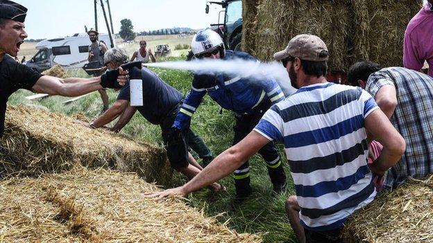 A picture showing a police officer spraying protesters during stage 16 of the Tour de France on Tuesday