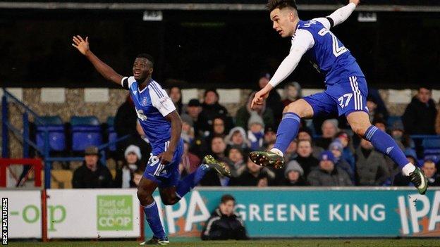 Ipswich Town forward Tom Lawrence scores a spectacular third goal for Ipswich against Blackburn