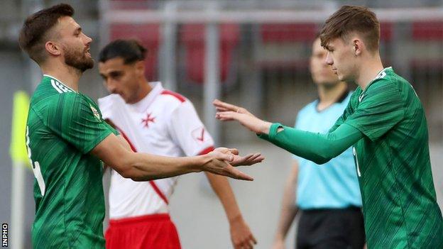 Conor Bradley comes on for Stuart Dallas in the closing stages of Northern Ireland's friendly win over Malta on Sunday