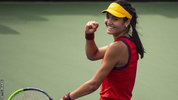 Emma Raducanu celebrates winning at the US Open