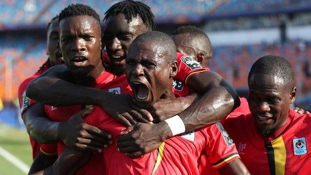 Patrick Kaddu celebrates scoring Uganda's opening goal of the 2019 Africa Cup of Nations