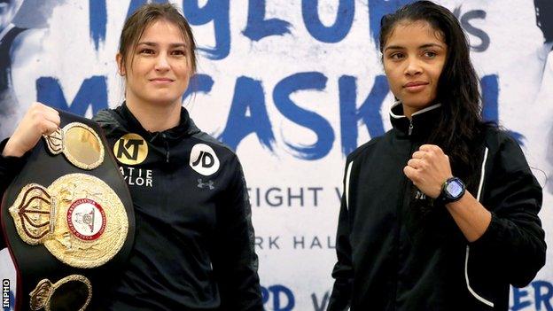 Katie Taylor (left) with challenger Jessica McCaskill in London on Monday