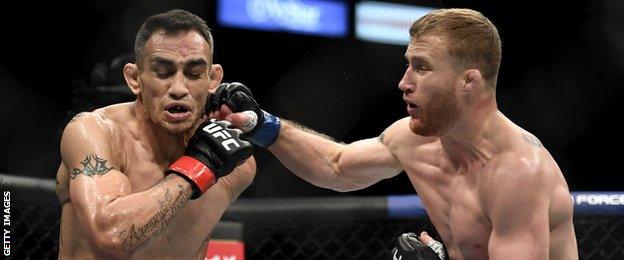 Justin Gaethje stopped Tony Ferguson in the fifth round to win the UFC interim lightweight title at UFC 249 on Saturday