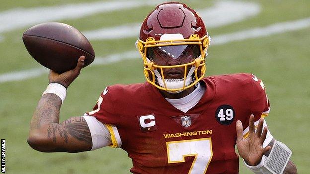 Dwayne Haskins throws a pass for Washington in their game against Seattle Seahawks