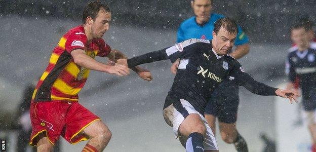 Stuart Bannigan moves in to challenge Dundee's Paul McGowan