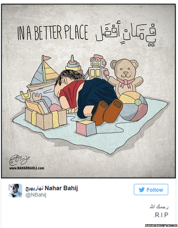 Tweet with cartoon of dead child surrounded by toys, with the caption "In a better place"