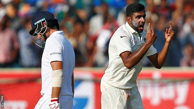 Ravichandran Ashwin celebrates the wicket of Joe Root