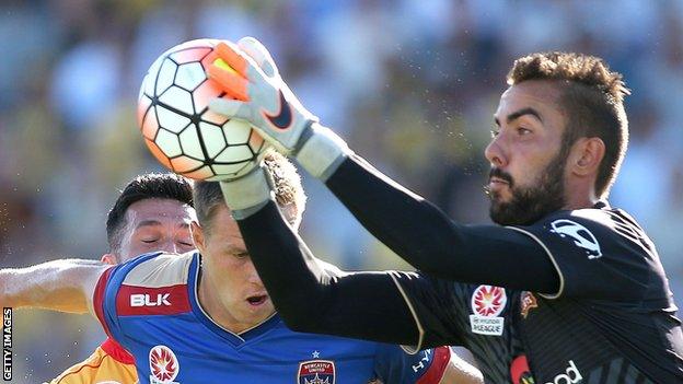 Mark Birighitti in action for Newcastle Jets in the Australian A League