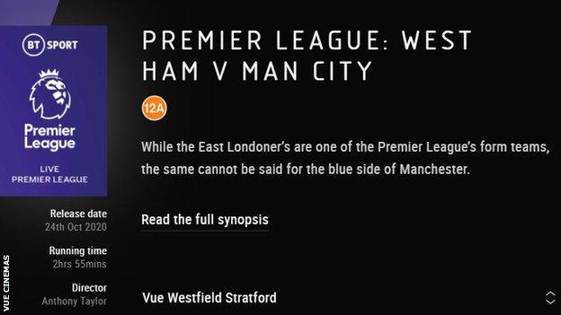 A Vue Cinemas advert trailing their venues screening West Ham v Manchester City in the Premier League