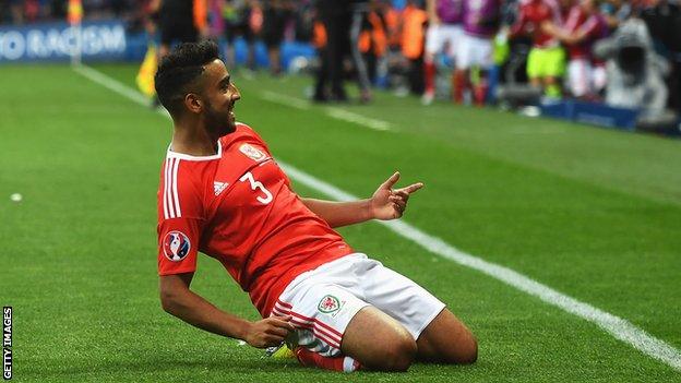 Neil Taylor celebrates scoring in Wales' 3-0 win over Russia, during their memorable run to the last four at Euro 2016