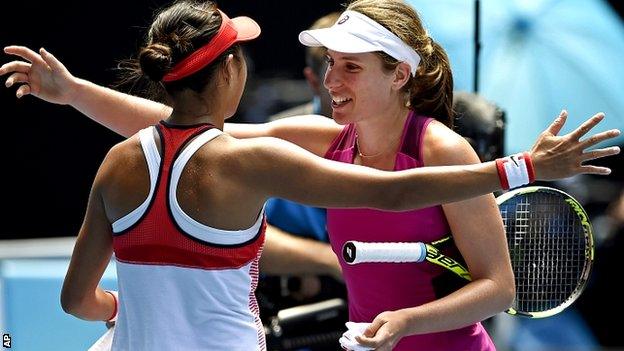 Johanna Konta, right, of Britain is congratulated by Zhang Shuai of China