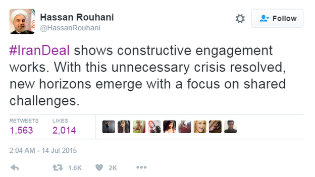 Hassan Rouhani tweet saying: "#IranDeal shows constructive engagement works. With the unnecessary crisis resolved, new horizons emerge with a focus on shared challenges."