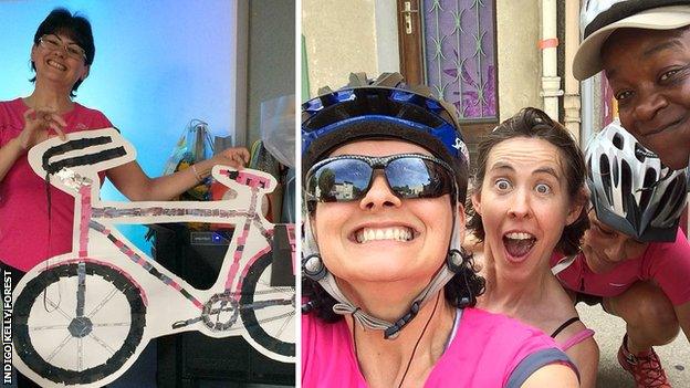 Indigo Kelly Forest in her school (left) and out with cycling friends (right)