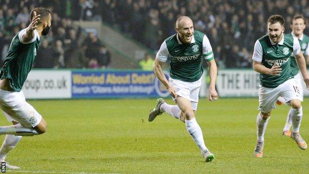 Hibs' David Gray celebrates opening the scoring