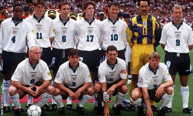 The England team that faced Switzerland in their opening match of Euro '96