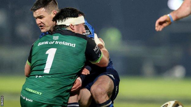 Johnny Sexton is tackled by Connacht's Denis Buckley in Saturday's game