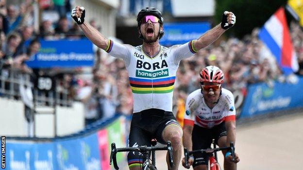 World champion Peter Sagan celebrates winning Paris-Roubaix