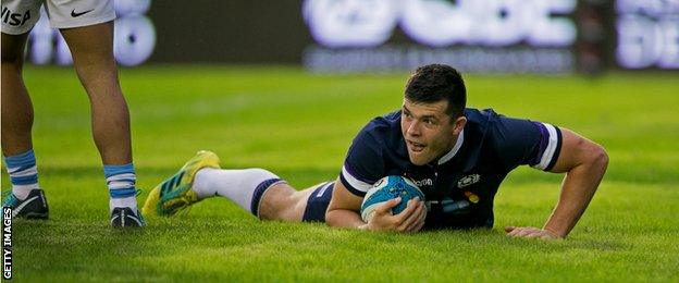 Scotland's Blair Kinghorn scores a try against Argentina