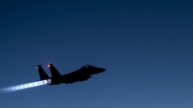 US Air Force F-15E Strike Eagle flying over northern Iraq after conducting airstrikes in Syria