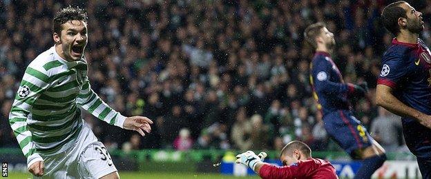 Celtic's Tony Watt scores for Celtic against Barcelona