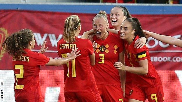 Ella van Kerkhoven (number 3) celebrates scoring against England