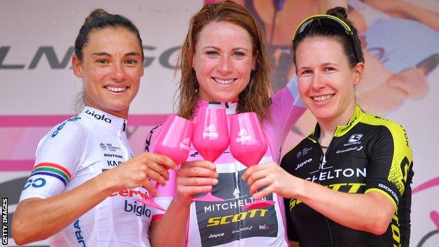 Ashleigh Moolman Pasio, Annemiek van Vleuten and Amanda Spratt celebrate on the Giro Rosa podium