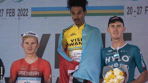 Anatolii Budiak, Natnael Tesfatsion and Jesse Ewart on the podium at the Tour du Rwanda