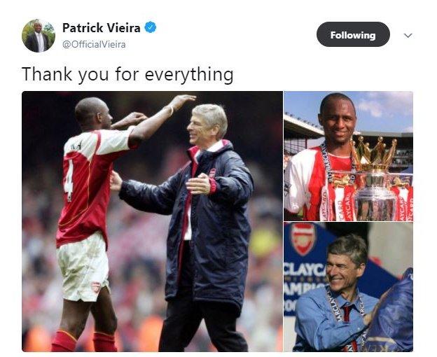 Patrick Vieira tweeted a thank you message to Arsene Wenger after the Arsenal boss announced he would be leaving at the end of the season