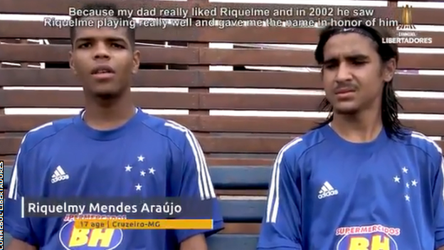 Riquelmy Mendes Araujo (left) chats about Riquelme's hey day